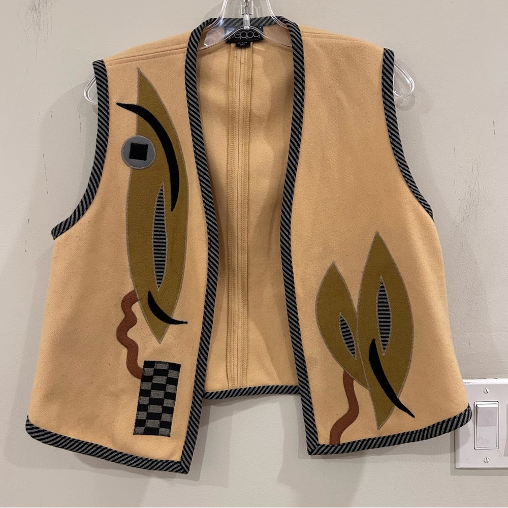 Vintage Beppa Tan  Geometric Art New Wave Wool Felt Open Vest 1980s. Sz S